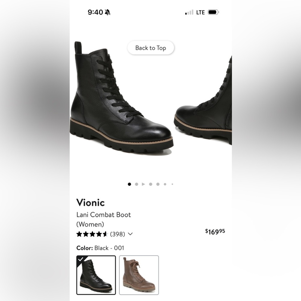 Vionic Lani Combat Boot, Black, Size 8.